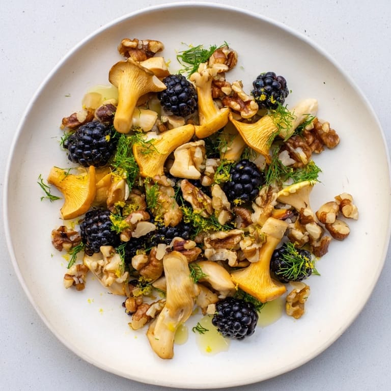 This Northwest Forest Forager salad displays toasted nuts, juicy berries, and a flavorful mushroom medley in an artful presentation.