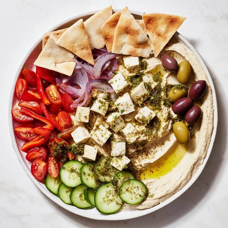 This colorful Mediterranean Mezza Platter features creamy hummus, feta, and olives perfect for sharing.