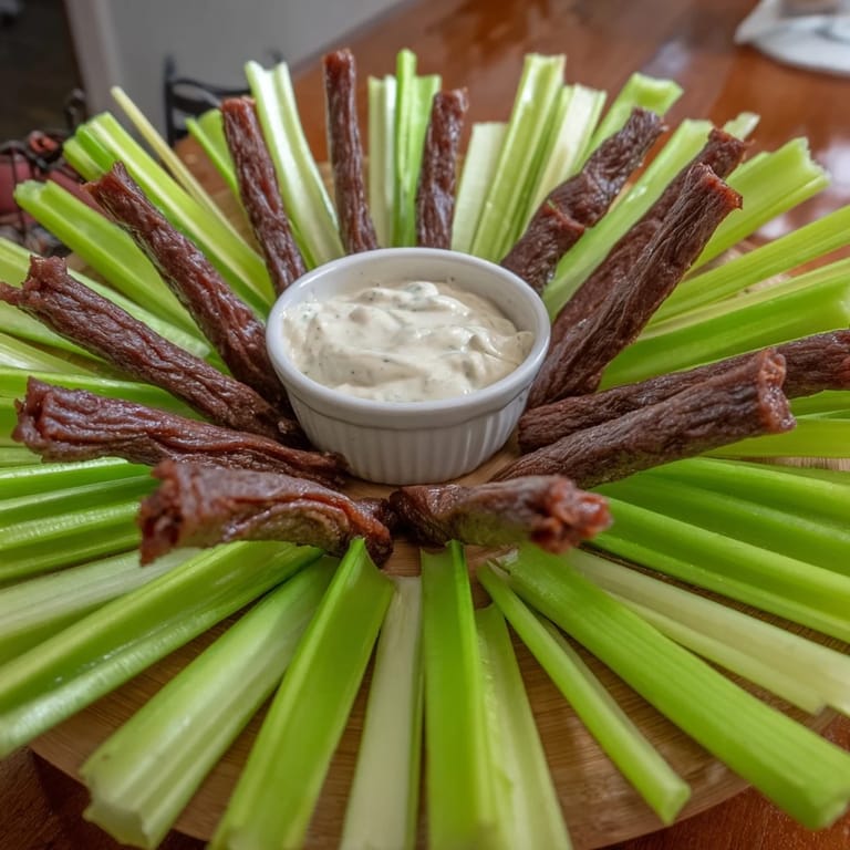 Golden meat sticks and fresh celery create a beautiful edible Rustic Wheel perfect for sharing.