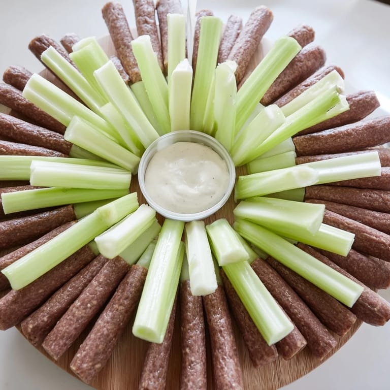 Easy, gluten-free Rustic Wheel appetizer: a colorful arrangement of celery and delicious meat.