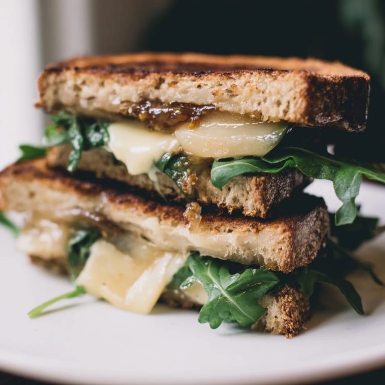 Crispy sourdough encasing melted Brie, fig preserves, and arugula: a fancy Fig, Brie Grilled Cheese.