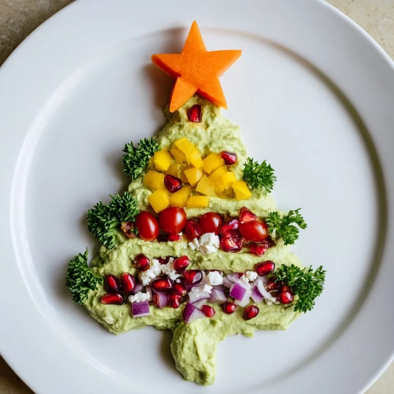 Creamy Avocado Christmas Tree Dip, a visually appealing vegetarian appetizer, ready to serve with crackers.