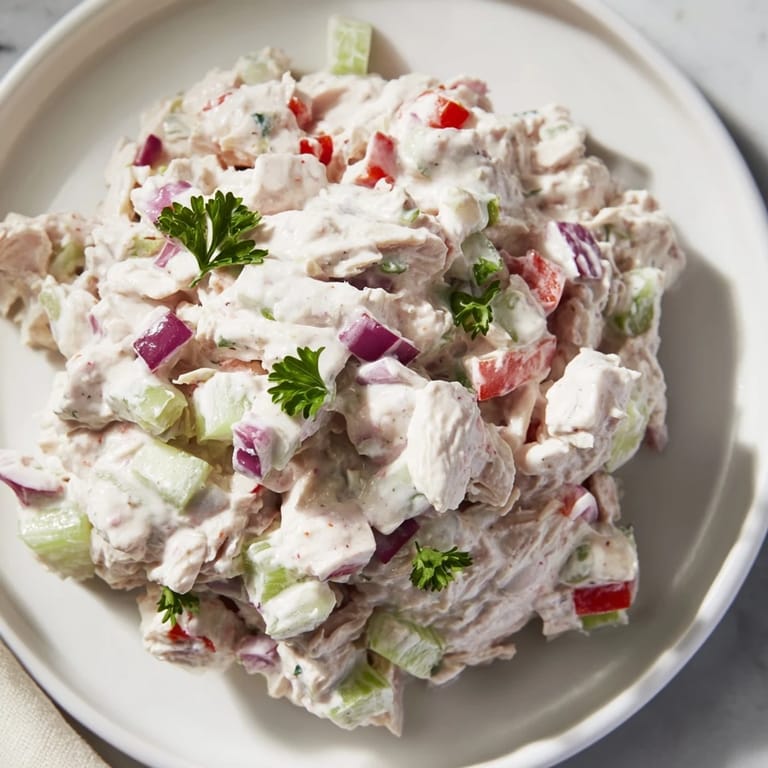 Freshly made canned chicken salad with Mrs. Dash, celery, and a tangy lemon dressing, chilled.