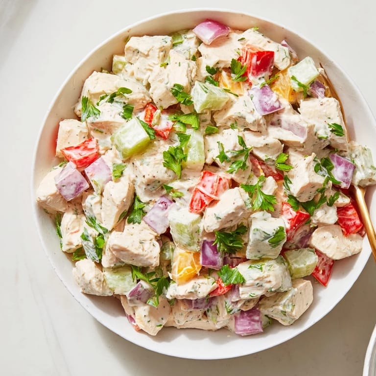 A close-up of a colorful bowl featuring delicious canned chicken salad prepared with savory Mrs. Dash seasoning.
