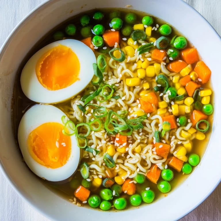 Colorful ramen upgrade with frozen peas, showing savory broth and fresh toppings, ready to enjoy.