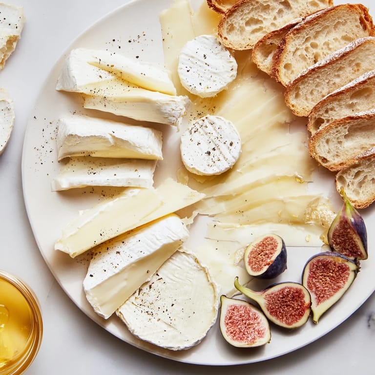 Golden baguette slices surround a generous French Bistro Elegance board with cheese and fruit.