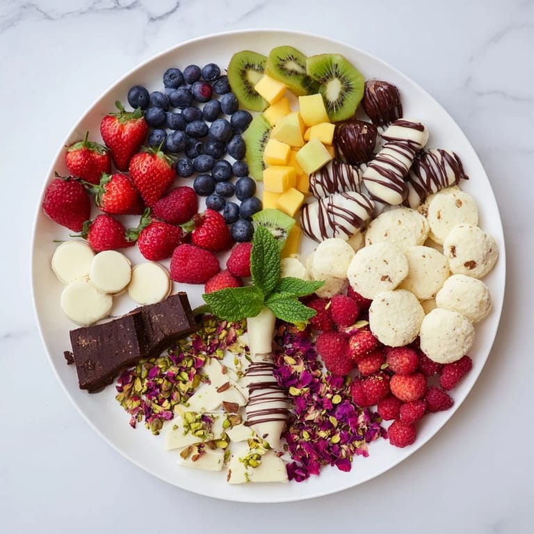 Delectable The Sweet Dessert Decadence dessert platter with fresh berries, chocolates, and artful dark chocolate swirls.
