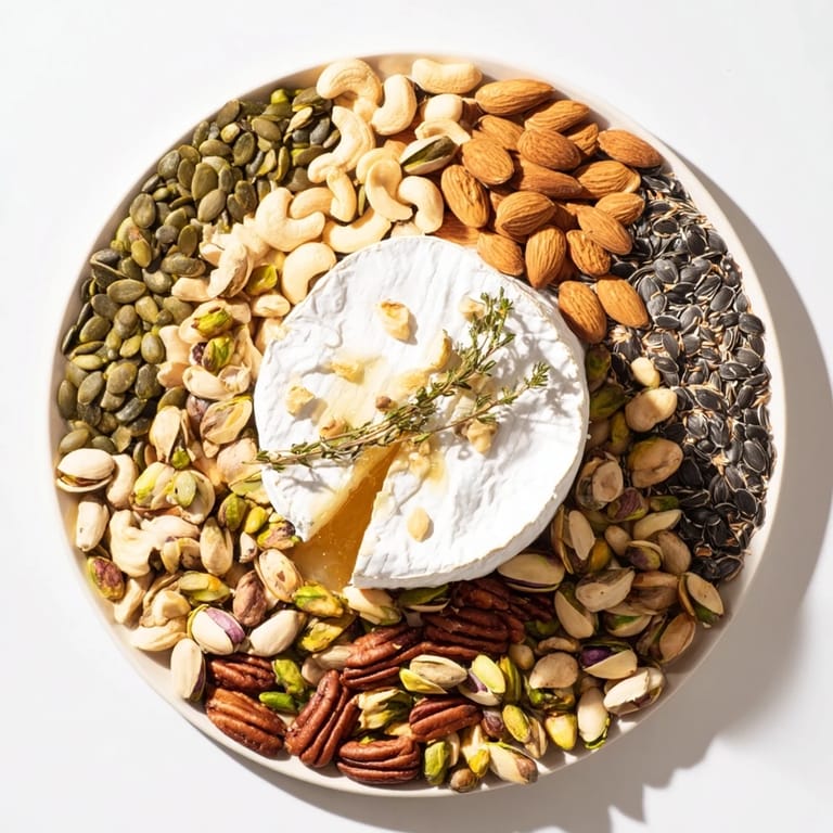 The Labyrinth: a grazing board showcasing a colorful nut and seed pathway to a soft cheese centerpiece.