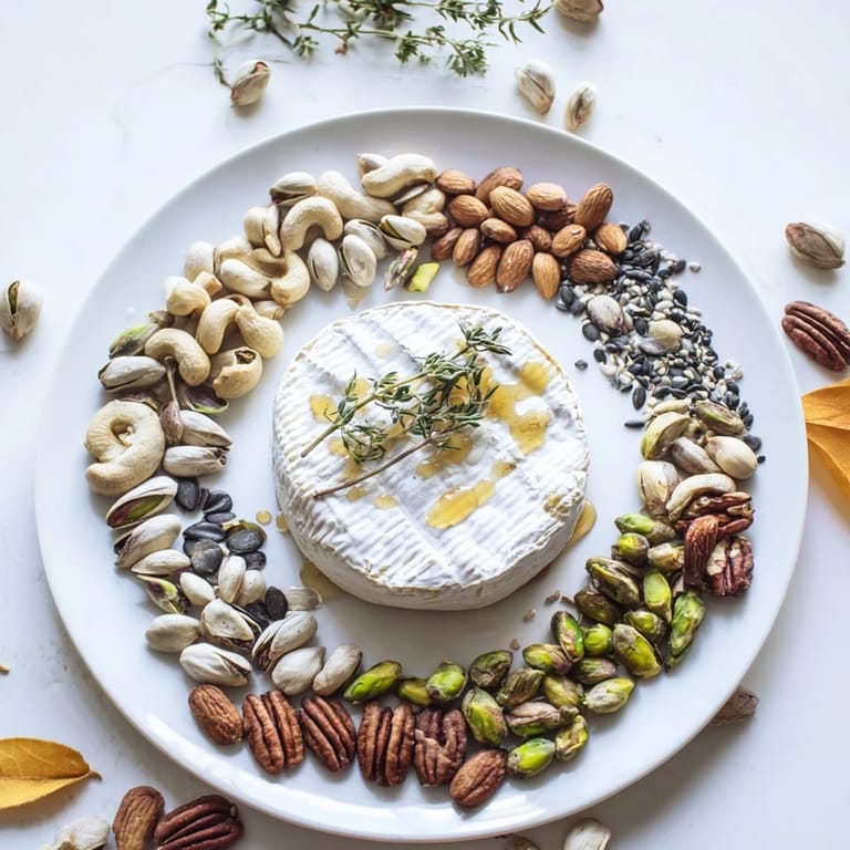 Beautiful The Labyrinth appetizer ready to serve: a tactile journey from nuts to a honey-drizzled cheese wheel.