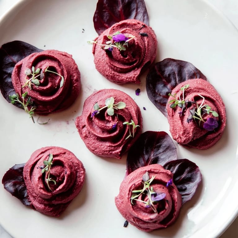 A close-up of The Velvet Rose appetizer showcasing the earthy beet hummus swirled with precision for a vegan feast.