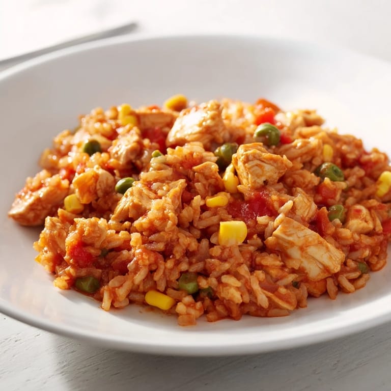 A vibrant bowl of One-Pot Chicken and Rice, showcasing fluffy rice and tender chicken pieces.