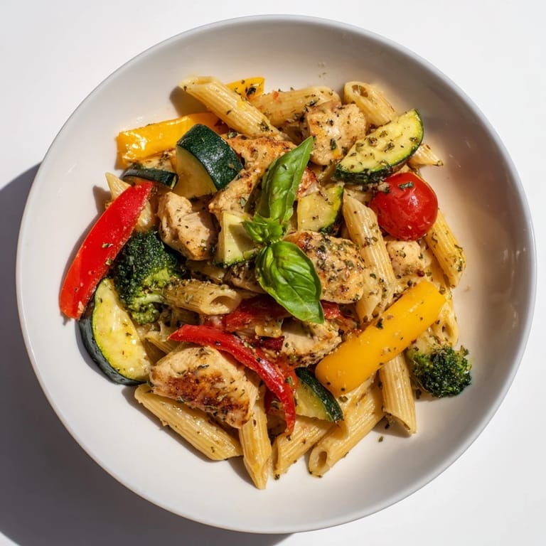 A generous serving of 5-4-3-2-1 Pasta Primavera: a creamy, inviting pasta dish topped with fresh basil.