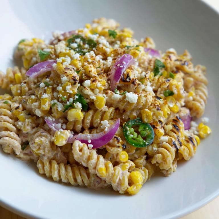 Enjoy a refreshing scoop of this flavorful Creamy Street Corn Pasta Salad, perfect for summer picnics and gatherings.