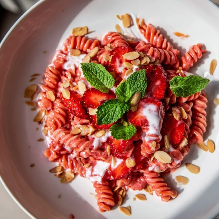 Cool Sweet Strawberry Yogurt Pasta, a summer dessert, topped with vibrant red strawberries and a drizzle.