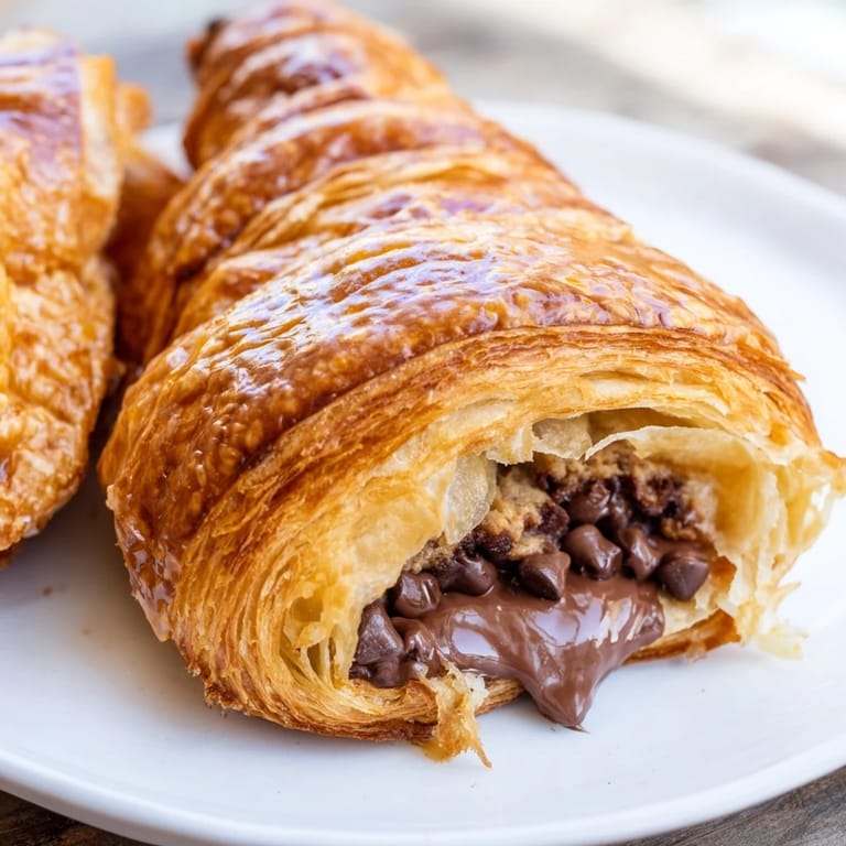 Freshly baked chocolate cookie croissants, with flaky layers and melted chocolate chips, ready to enjoy.