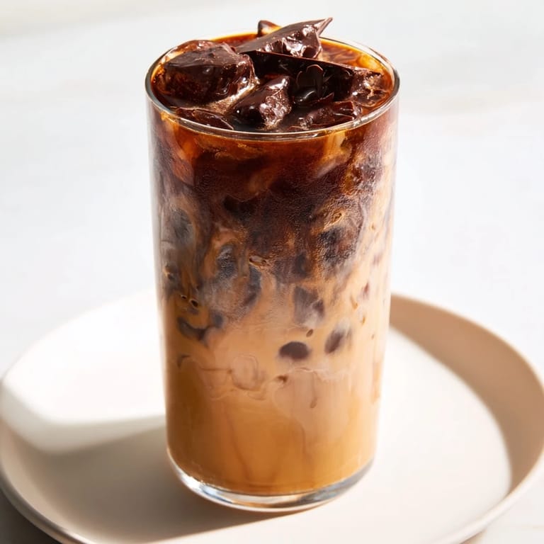 Homemade chocolate cracking iced latte, ready to be cracked and enjoyed cold with friends.