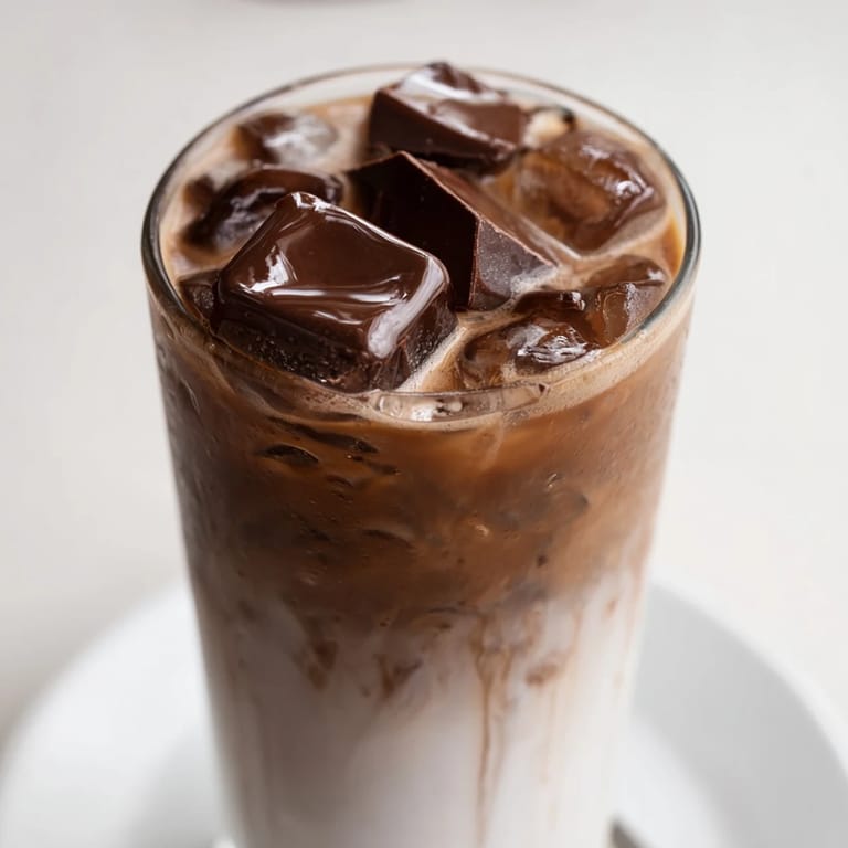 A beautiful photo of the chocolate cracking iced latte served, the perfect afternoon caffeinated treat.