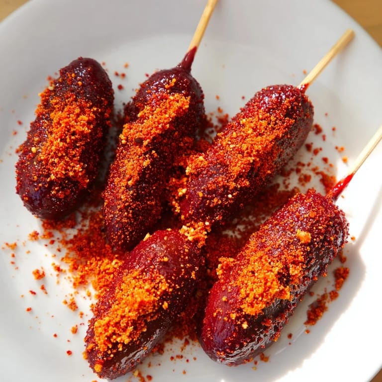 Close-up of Chamoy-Tajín pickle sticks, the tangy chamoy coating perfectly complementing the zesty Tajín spice.