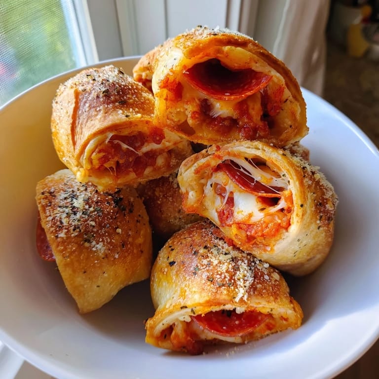 Homemade air fryer pizza rolls with melted cheese and pepperoni, perfect for a quick snack.