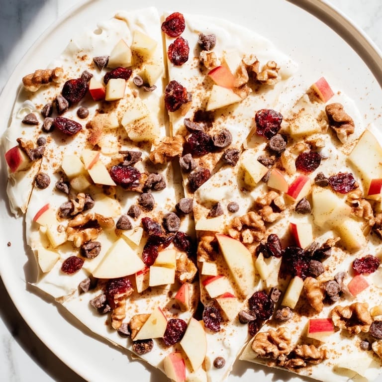 This creamy Apple Cinnamon Yogurt Bark boasts a beautiful contrast of white yogurt and colorful toppings.