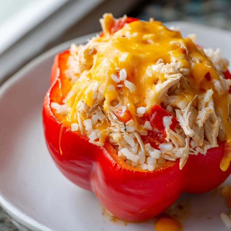 A close-up of baked Cheesy Chicken Stuffed Peppers, showcasing melty cheese and tender bell peppers.