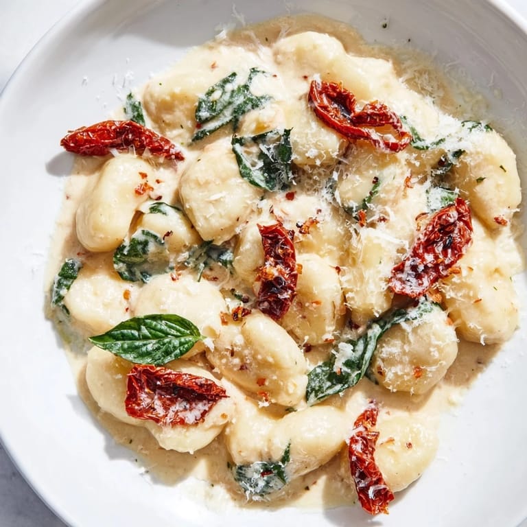 Golden, creamy Creamy Tuscan Gnocchi topped with fresh basil and Parmesan cheese ready to serve.