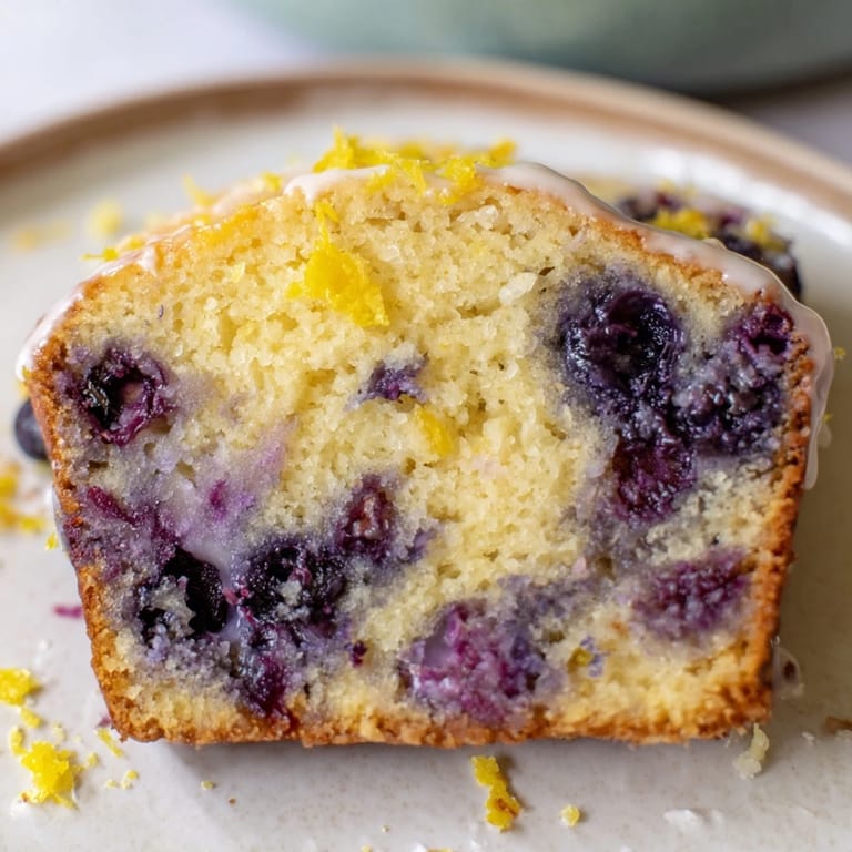 A slice of fresh Lemon Blueberry Yogurt Loaf with a drizzle of glaze, perfect for a sunny breakfast.