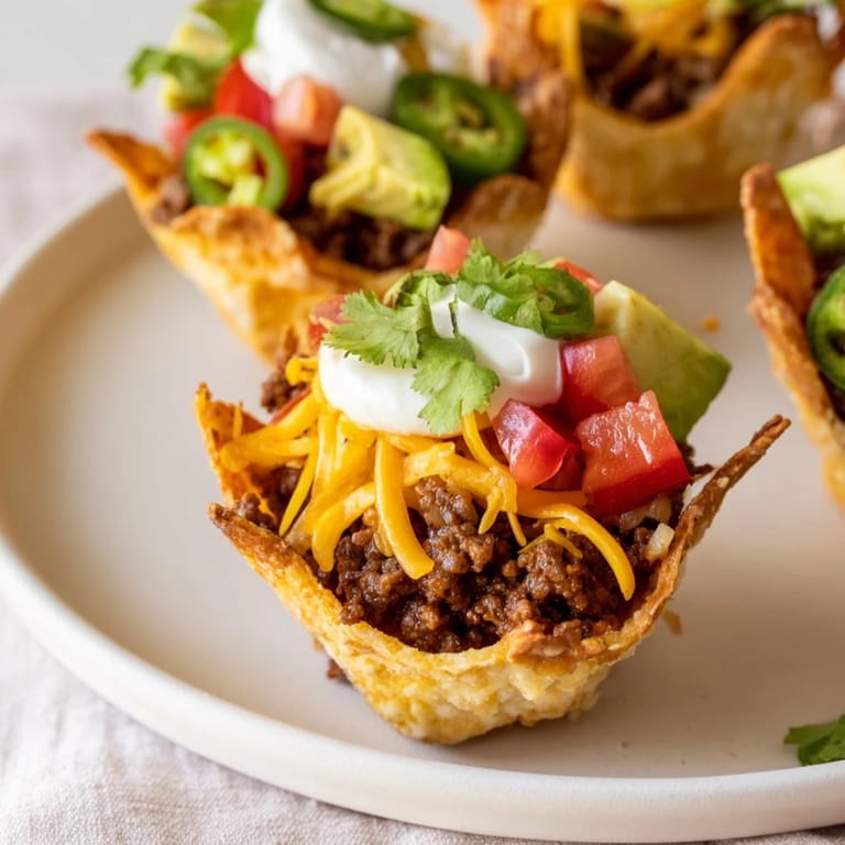 A close-up view of crispy mini taco cups, bursting with seasoned beef and colorful toppings.