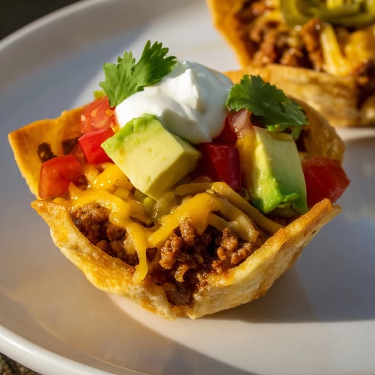 Warm, cheesy mini taco cups with perfectly browned tortilla shells, a delicious appetizer option.