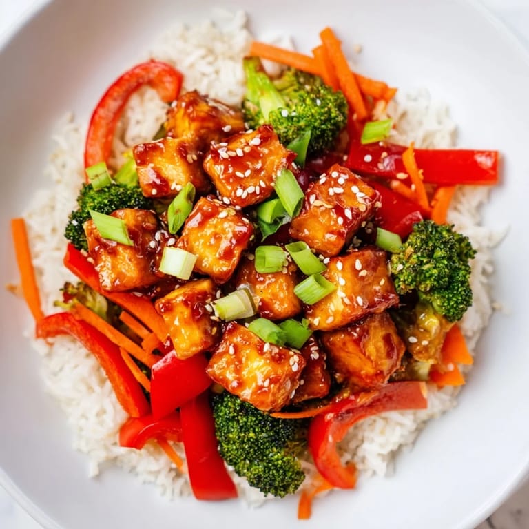 A delicious close-up of Honey Garlic Tofu Bowls: imagine the glistening, sweet-and-savory sauce coating the tofu.