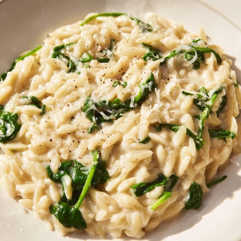 A bowl of Creamy Spinach Orzo, topped with Parmesan; smells of garlic and freshly cooked pasta.