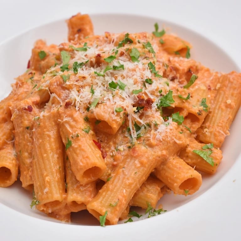 Vibrant photo of Gigi Hadid’s spicy rigatoni, garnished with parsley and extra Parmesan.