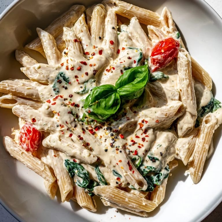 A bowl of this cozy Cottage Cheese High-Protein Creamy Pasta, richly coated in a blended sauce.