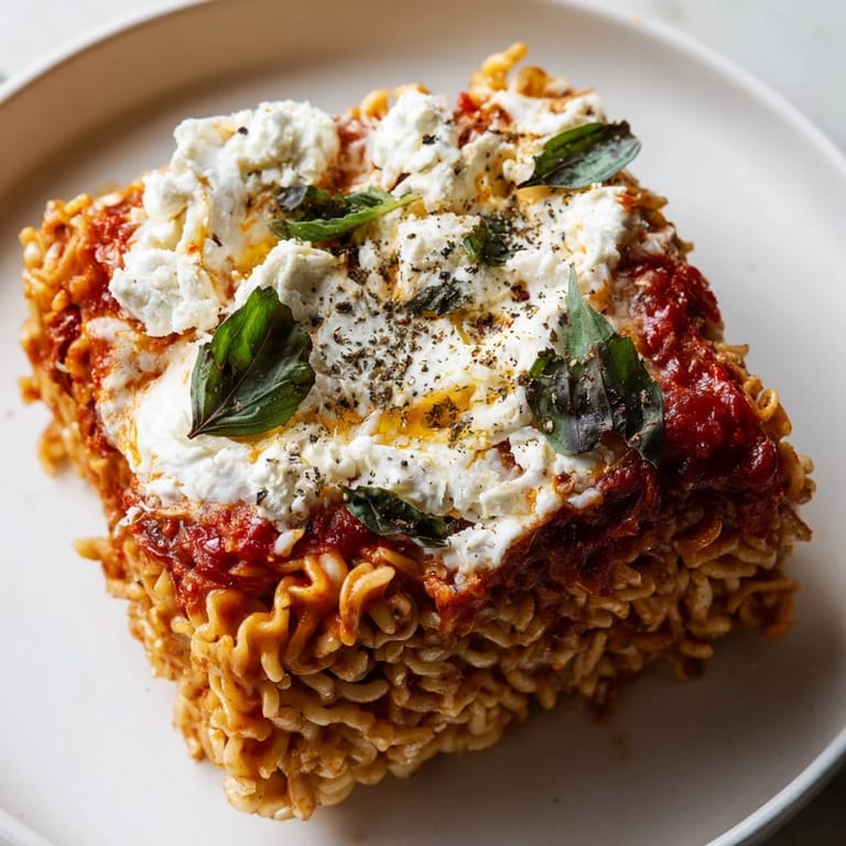 Layered Ramen Lasagna with melted mozzarella and ricotta, baked until bubbly and perfectly golden brown.