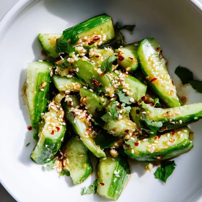 Enjoy this refreshing Spicy Smashed Cucumber Salad with its vibrant, bold flavors of garlic and chili.