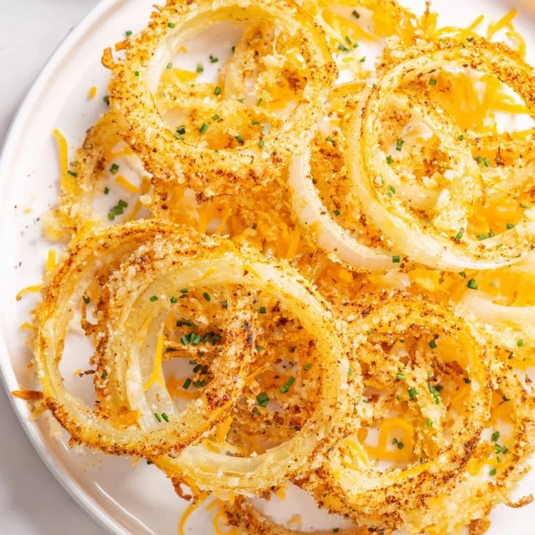 Enjoy the crunch: Air-fried Crispy Onion Cheese Chips with golden cheese and tender onions.