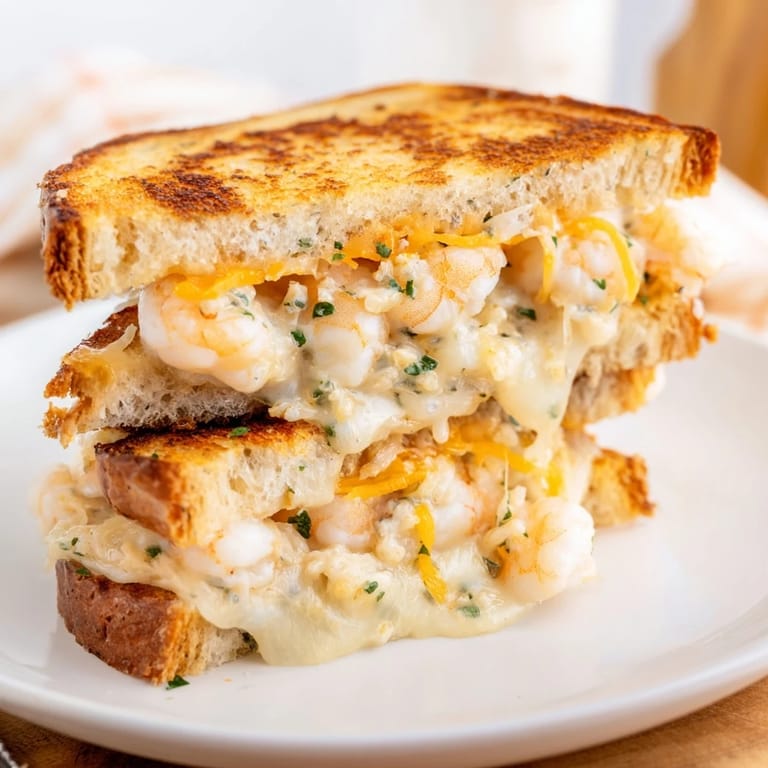 A close-up of a Quick Shrimp Grilled Cheese reveals golden-brown sourdough, tender shrimp, and melted cheese.