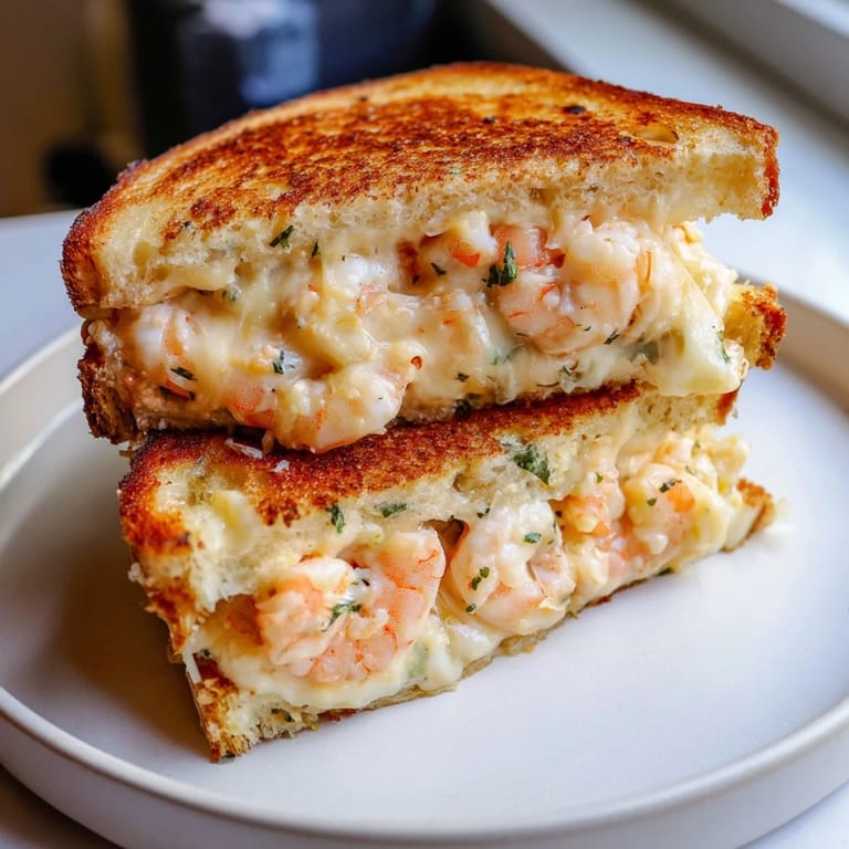 Mouthwatering Quick Shrimp Grilled Cheese, ready to be sliced, showcases a delightful medley of flavors and textures.