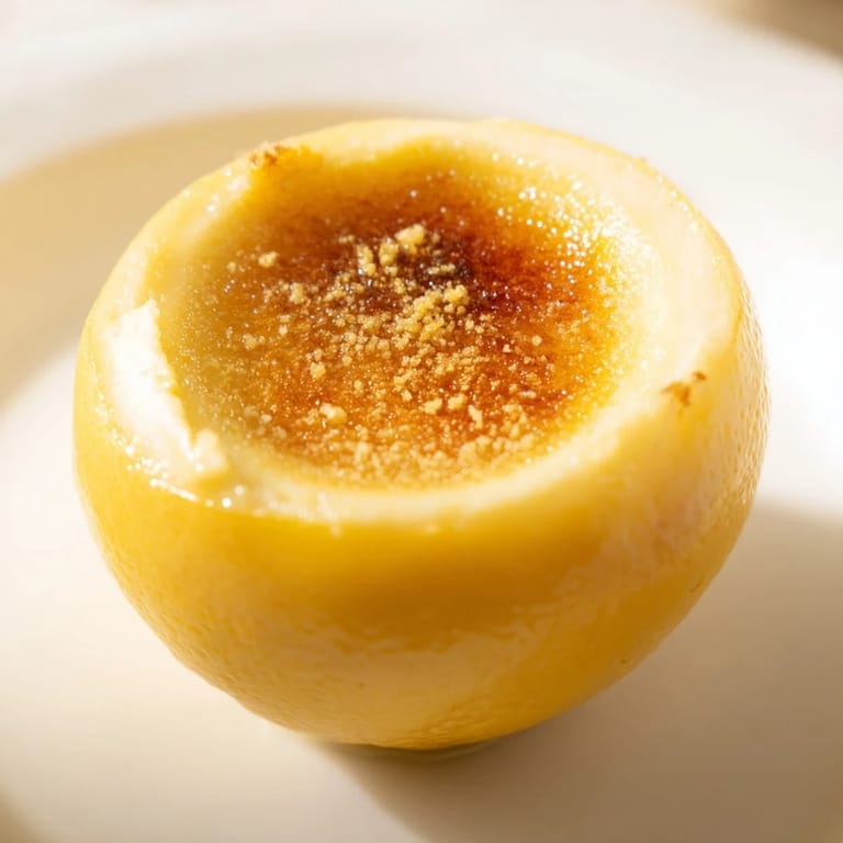 Golden, crisp sugar crust on a vibrant Lemon Brûlée Posset, ideal for a refreshing dessert.