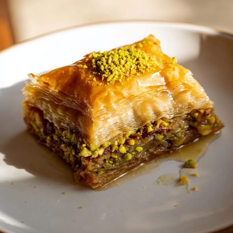 Close-up of baked Turkish hazelnut & pistachio baklava, showing flaky layers and a nutty filling.