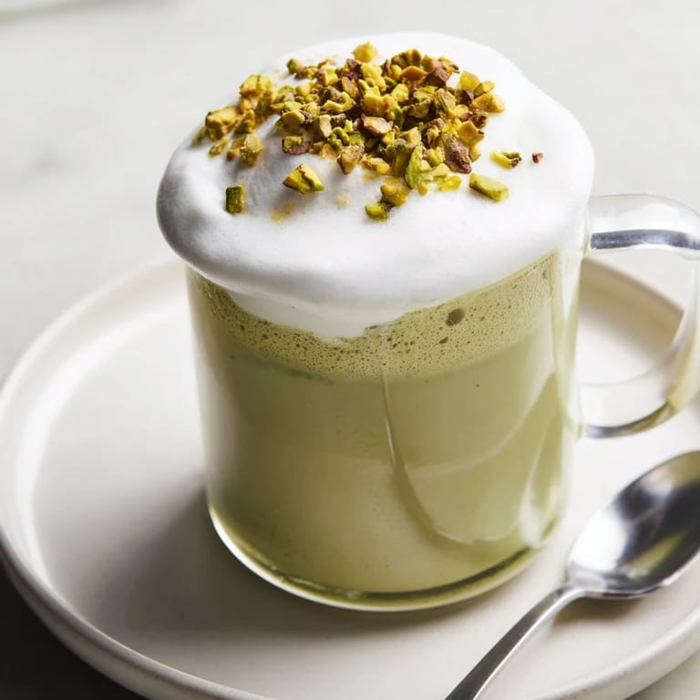 Enjoy a rich, vibrant Pistachio Latte: creamy, frothy, and topped with crunchy pistachios.