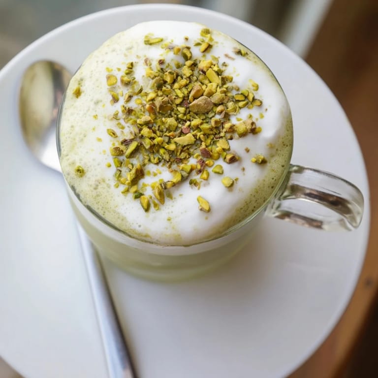 Delicious, homemade Pistachio Latte, featuring nutty flavors and a sweet, cold foam cloud.