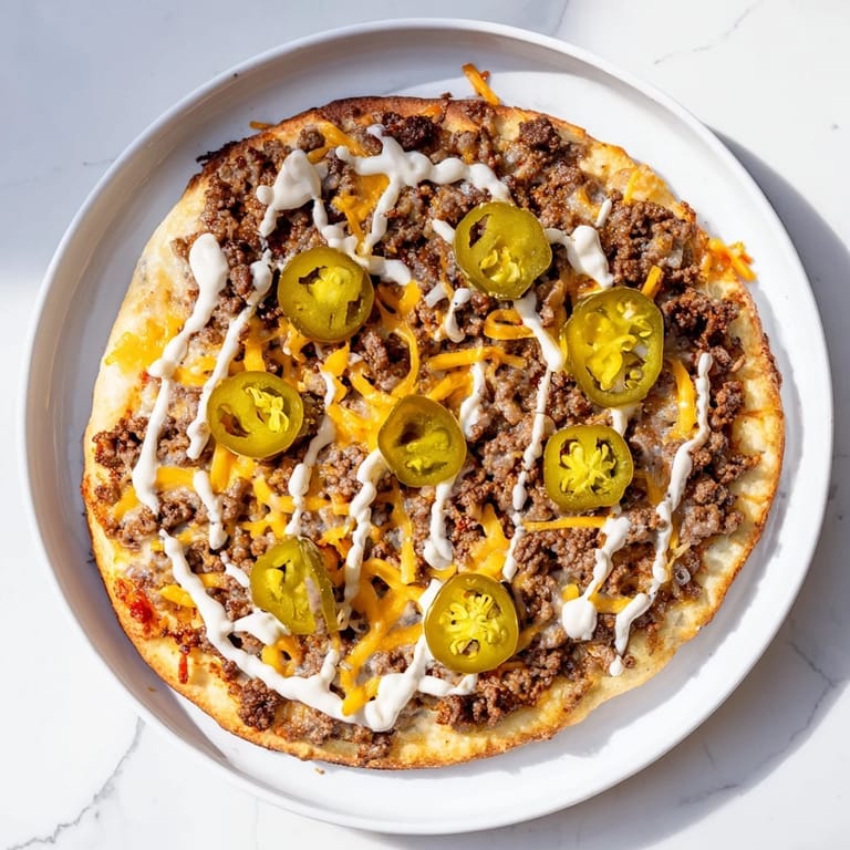 A beautiful overhead shot reveals a fully loaded Ground Beef Taco Pizza, perfect for dinner tonight.