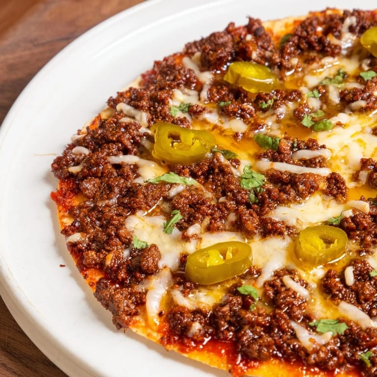A close-up of a flavorful Spicy Ground Beef Pizza, crispy crust, and a sweet honey drizzle.