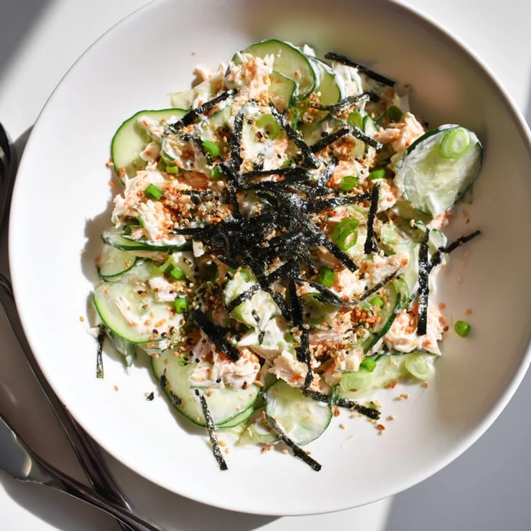 A vibrant serving of California Roll Cucumber Salad garnished with nori strips and pickled ginger, perfect as a refreshing appetizer.