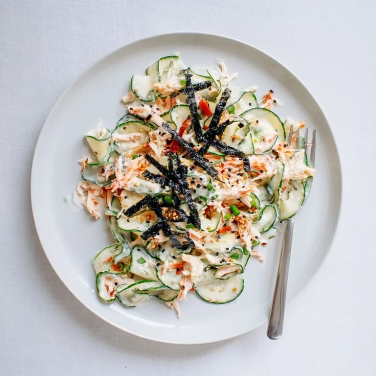 Light and creamy California Roll Cucumber Salad featuring tender imitation crab, crisp cucumbers, and toasted sesame seeds on a plate.