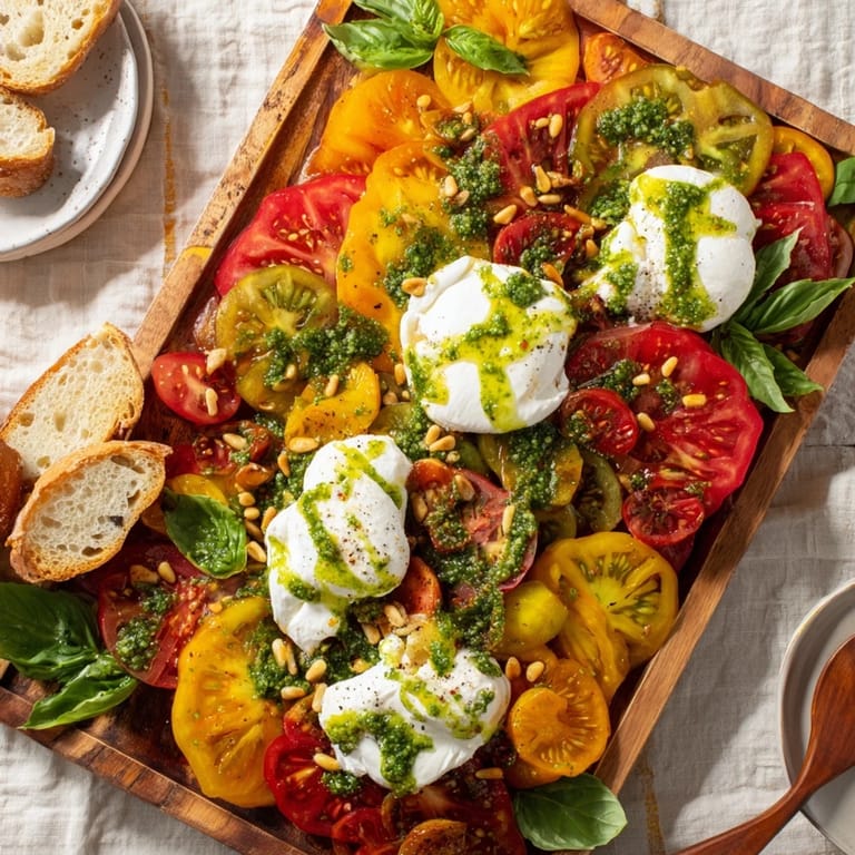 Vivid heirloom tomato salad board featuring torn burrata, basil oil, flaky sea salt, and pepper, perfect for summer gatherings or wine nights.
