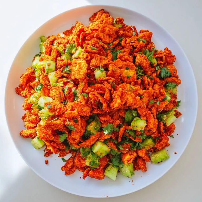 Vibrant red Cheeto salad served in a white bowl, ready to be a spicy snack or side dish.