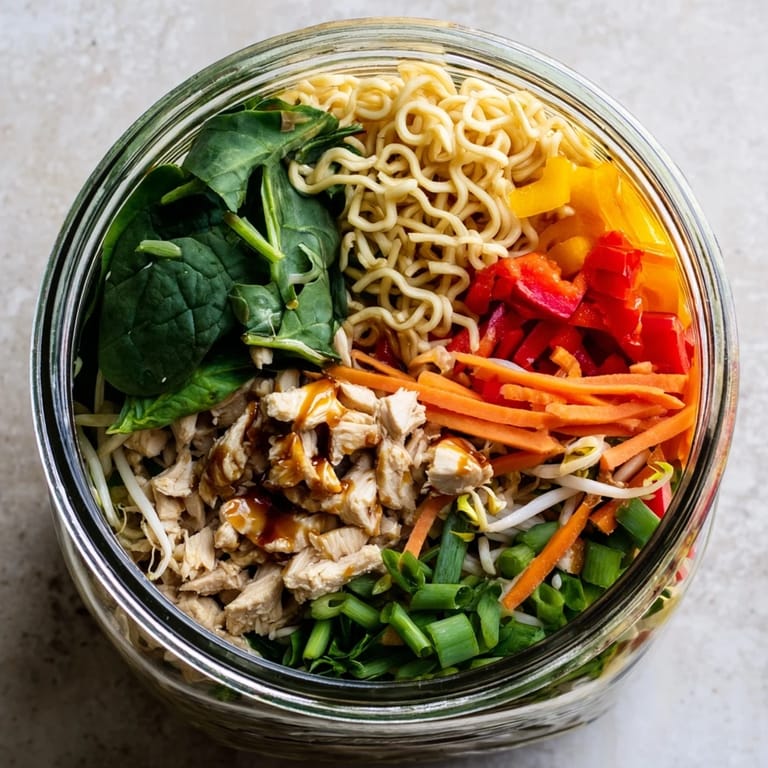 Overhead view of a portable Mason Jar Noodle Meal Prep, featuring noodles, scallions, and a small lime wedge garnish.
