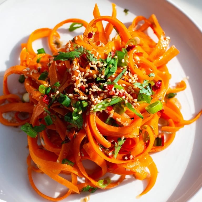 A close-up of the crisp Carrot Ribbon Salad Asian-Style shows lime juice and chili slices enhancing the colorful, appetizing presentation.